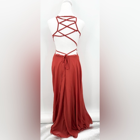 JJ's House Women's Rust Orange/Red/Brown Lace-Up Back A-Line Maxi Dress Size 4 - Picture 3 of 6